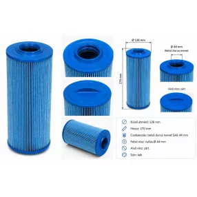   Papírszűrő betét, Canadian Spa, pezsgőfürdőkhöz, 12,6 × 27 cm, kék, antibakteriális, SAE 44 mm-es sűrű menet, felső 44 mm-es nyílás, alsó zárt