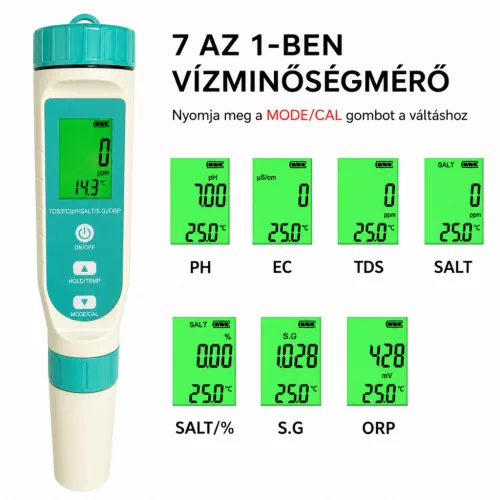 Digitális medence vízelemző, Poolx 7 az 1-ben, fehér, pH mérés, ORP, TDS mérés, sótartalom, EC, S.G és hőmérséklet mérés