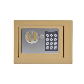   Széf, digitális kódos és kulcsos, 23 x 17 x 17 cm, arany, pénzbedobó nyílással, elemes (4x AA), acél