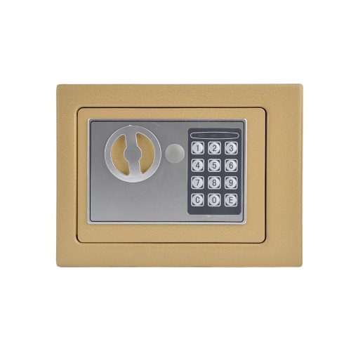 Széf, digitális kódos és kulcsos, 23 x 17 x 17 cm, arany, pénzbedobó nyílással, elemes (4x AA), acél
