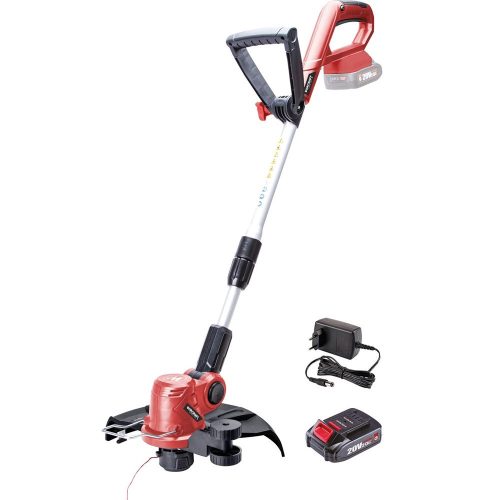 Akkumulátoros fűkasza, Worcraft WPGT203 ShareSYS, piros/fekete, 2 Ah 20 V Li-Ion, teleszkópos nyél, akkumulátorral és töltővel