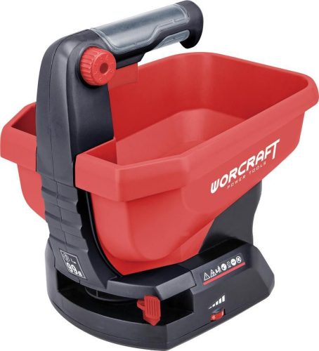 Akkumulátoros szórógép, Worcraft CHSP-S20Li ShareSYS, piros/fekete, 3,6 l, műanyag, 20 V Li-Ion, ömlesztett anyagokhoz, műtrágyához, fűmaghoz, útszóró sóhoz, akkumulátor és töltő nélkül