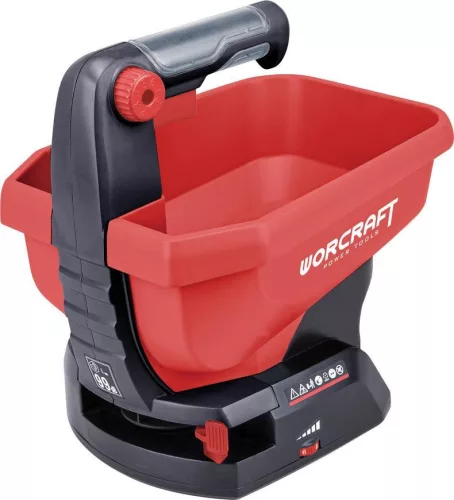 Akkumulátoros szórógép, Worcraft CHSP-S20Li ShareSYS, piros/fekete, 3, 6 l, műanyag, 20 V Li-Ion, ömlesztett anyagokhoz, műtrágyához, fűmaghoz, útszóró sóhoz, akkumulátor és töltő nélkül (TC1111629)