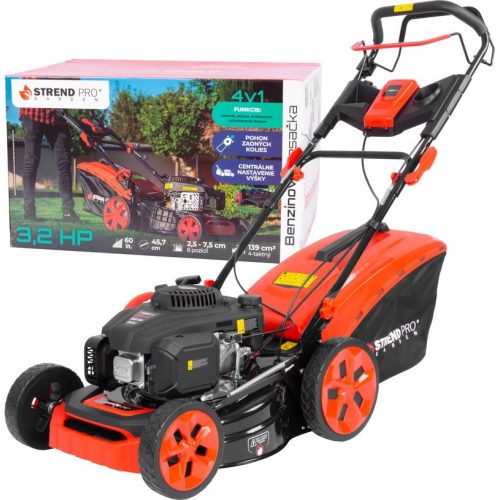 Benzinmotoros fűnyíró, Strend Pro Garden QL46PD-139, fekete/piros, vágásszélesség: 46 cm, Loncin motor, 139 cm3, 4 ütemű, 2400 W, 3,2 LE, 3600 fordulat/perc, 60 l gyűjtőkosár, mulcsozás, önjáró