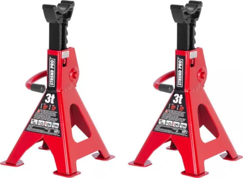 Emelőbak, Strend Pro T43001, piros, 3000 kg teherbírás, 28–43 cm állítható magasság, dupla reteszelés, öntöttvas tartórésszel, 2 db-os csomag