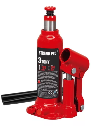Hidraulikus emelő, Strend Pro TH90304S, piros, 3000 kg teherbírás, 18,8–36,3 cm emelési magasság, bőröndben, kompakt, masszív, könnyen mozgatható