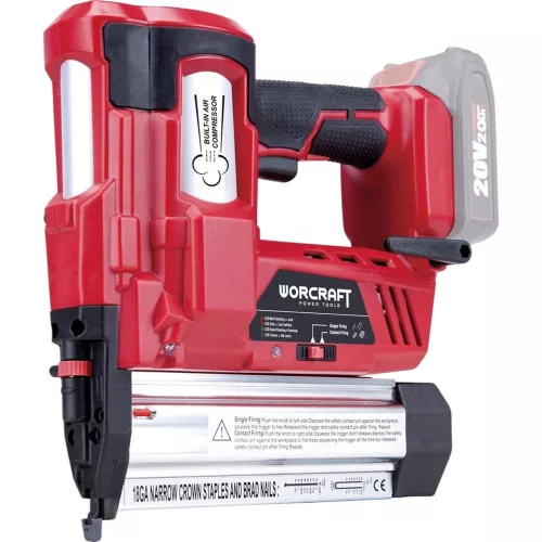 Akkumulátoros tűzőgép, szögbelövő, Worcraft CNS-S20LiH ShareSYS, piros/fekete, 18GA U alakú kapcsokhoz, 100 lövés/perc, 20 V Li-Ion, akkumulátor és töltő nélkül, kárpitos