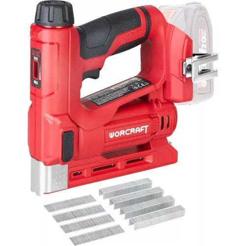 Akkumulátoros tűzőgép, szögbelövő, Worcraft CNS-S20LiC ShareSYS, piros/fekete, 8-14 mm kapocshossz, U alakú kapcsokhoz, 15 mm szeghossz, 20 V Li-Ion, akkumulátor és töltő nélkül