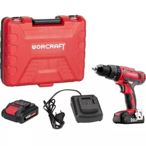   Akkumulátoros fúró-csavarozó, Worcraft CD-20LiH, piros/fekete, 50 Nm, 0-1500 fordulat/perc, 20 V Li-Ion, 2 x 2,0 Ah, akkumulátorral és töltővel, tartozékokkal, hordtáskában