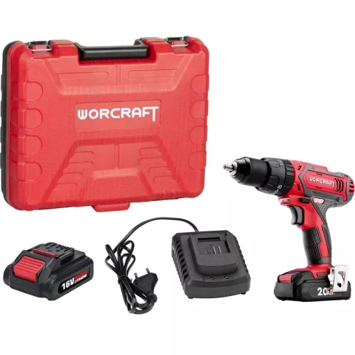 Akkumulátoros fúró-csavarozó, Worcraft CD-20LiH, piros/fekete, 50 Nm, 0-1500 fordulat/perc, 20 V Li-Ion, 2 x 2,0 Ah, akkumulátorral és töltővel, tartozékokkal, hordtáskában