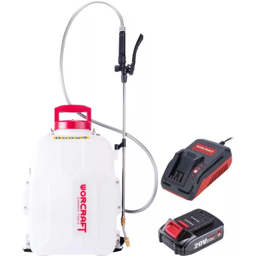 Akkumulátoros permetező, Worcraft WSET-12 S20Li ShareSYS, 12 liter, fehér, 20 V, 2,0 Ah Li-Ion, vállpántos, sárgaréz fúvóka, akkumulátorral és töltővel