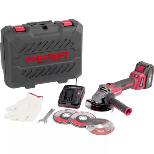 Akkumulátoros sarokcsiszoló, Worcraft CAG-S20LiBH ShareSYS, piros/fekete, 125 mm, 20 V Li-Ion, 8500 fordulat/perc, gyorskioldó, akkumulátorral és töltővel, kofferben