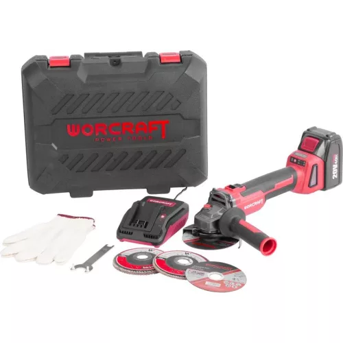 Akkumulátoros sarokcsiszoló, Worcraft CAG-S20LiBH ShareSYS, piros/fekete, 115 mm, 20 V Li-Ion, 8500 fordulat/perc, gyorskioldó, akkumulátorral és töltővel, kofferben