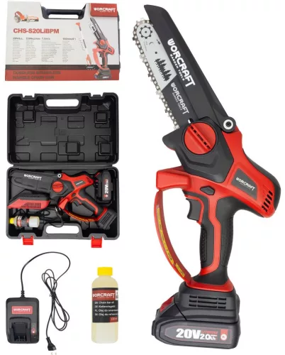 Akkumulátoros láncfűrész, Worcraft CHS-S20LiBPM ShareSYS, piros/fekete, mini, 2 Ah 20 V Li-Ion, vezetősín: 15 cm, 7,5 m/s láncsebesség, akkumulátorral, töltővel, láncolajjal, kofferben