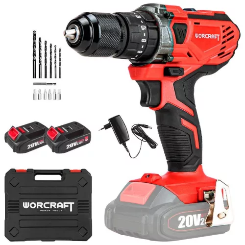 Akkumulátoros fúró-csavarozó, Worcraft CHD-S20LiWB ShareSYS, piros/fekete, 40 Nm, 0-1400 fordulat/perc, 20 V Li-Ion, 2 x 2,0 Ah, akkumulátorral és töltővel, hordtáskában