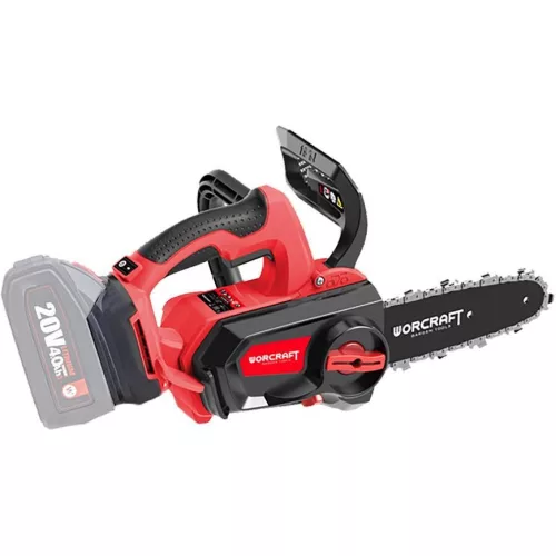 Akkumulátoros láncfűrész, Worcraft CGC-S20LiB ShareSYS, piros/fekete, 4 Ah 20V Li-Ion, vezetősín: 20,5 cm, 7 m/s láncsebesség, 100 ml olajtartály, akkumulátor és töltő nélkül