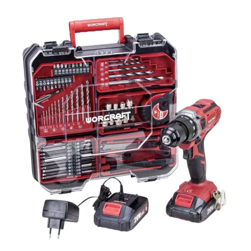 Akkumulátoros fúró-csavarozó, Worcraft CD-S20LiWT ShareSYS, piros/fekete, 40 Nm, 0-1400 fordulat/perc, 20 V Li-Ion, 2 x 2,0 Ah, akkumulátorral, töltővel, tartozékokkal, hordtáskában