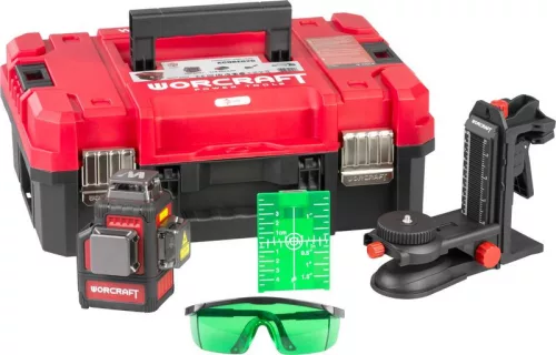 Lézeres szintező, Worcraft XCUBE026, zöld sugár, 3 x 360°, automatikus önszintezés, IP54, 30 m (50 m érzékelővel), ShareSYS 20 V, akkumulátor nélkül