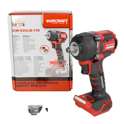 Akkumulátoros ütvecsavarozó, Worcraft CIW-S20LiB-750, piros/fekete, 800 Nm, 0-3200 fordulat/perc, 0-3700 ütés/perc, 20 V Li-Ion, akkumulátor és töltő nélkül