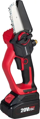 Akkumulátoros láncfűrész, Worcraft Home CHS-S20LiCM ShareSYS, piros/fekete, mini, 2 Ah 20 V Li-Ion, 5 m/s láncsebesség, 15 ml olajtartály, akkumulátorral, töltővel, kofferben