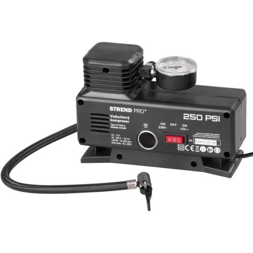Kompresszor, Strend Pro Aircom AC250, fekete, elektromos, 250 PSI, 17 bar, 230 V és 12 V csatlakozás, nyomásmérővel, 3,5 m kábel