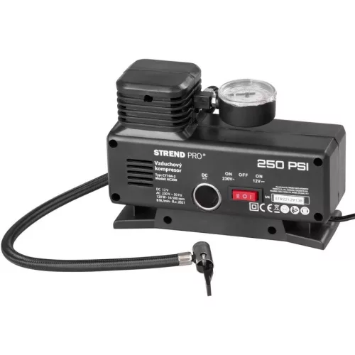 Kompresszor, Strend Pro Aircom AC250, fekete, elektromos, 250 PSI, 17 bar, 230 V és 12 V csatlakozás, nyomásmérővel, 3,5 m kábel