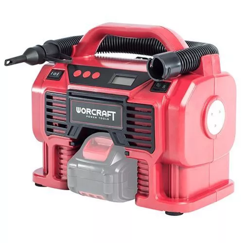 Kompresszor, Worcraft CAC-S20Li, piros, akkumulátoros, 20 V, 160 PSI, 11 bar, LED világítás, digitális nyomásmérő, vezeték nélküli