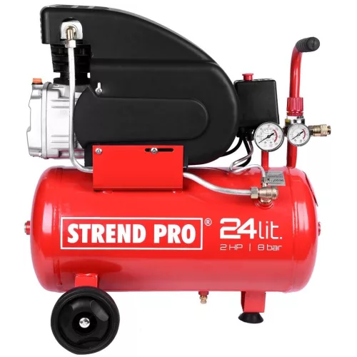 Kompresszor, Strend Pro FL2024-08, piros, 24 l, 1,5 kW, elektromos, 8 bar, 1 dugattyús, nyomásmérővel, kerekekkel és fogantyúval, 150 l/perc, olajos