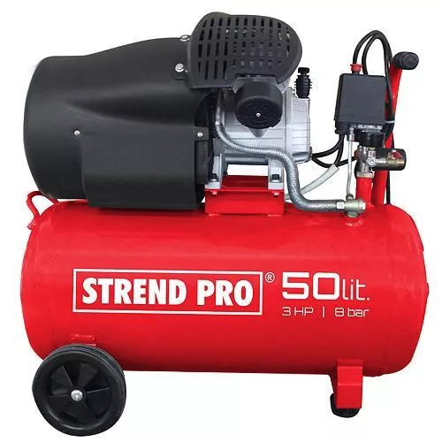 Kompresszor, Strend Pro HSV-50-08, piros, 50 l, 2,2 kW, elektromos, 8 bar, 2 dugattyús, nyomásmérővel, kerekekkel, 268 l/perc, olajos