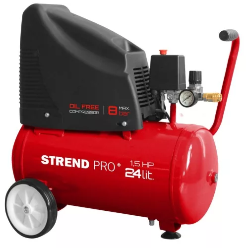 Kompresszor, Strend Pro OF1524, piros, 24 l, 1,1 kW, elektromos, 8 bar, 1 dugattyús, nyomásmérővel, kerekekkel és fogantyúval, olajmentes