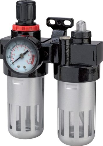 Légszűrő, Strend Pro Airtool MF-3, ezüst, 1/4" csatlakozás, szabályzóval és nyomásmérővel, maximum 9,3 bar, víz- és olajleválasztó, dupla szűrőkamra, kompresszorhoz