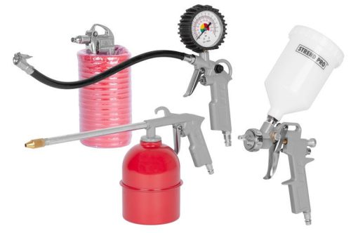 Kompresszor készlet, Strend Pro Airtool W-2005A1, 5 db, manométeres, festékszóróval, lefújó/felfújó, permetező, tömlő