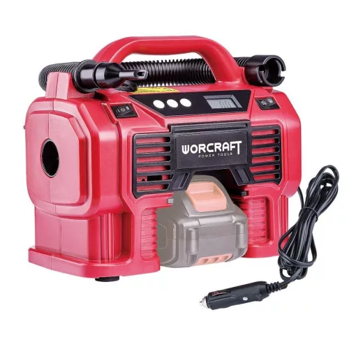 Kompresszor, Worcraft CAC-S20LiA ShareSYS, piros, akkumulátoros, 20 V, 160 PSI, 11 bar, LED világítás, 12 V autós aljzat, fúj és szív (akku és töltő nélkül)