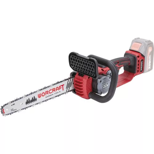 Akkumulátoros láncfűrész, Worcraft CGC-S20LiBDM, piros/fekete, 4 Ah 20V Li-Ion, 13 m/s láncsebesség, 26 ml olajtartály, akkumulátorral, töltővel, láncolajjal, kofferben