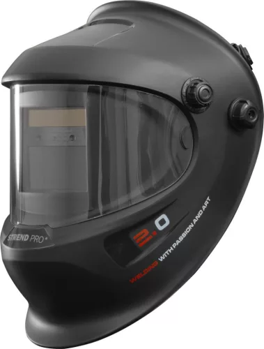 Hegesztő fejpajzs, Strend Pro Galaxy MatteBlack, fekete, automata sötétedésű, napelemes, állítható érzékenység és késleltetés, DIN 9-13, látómező: 92,5 x 42,5 mm, 1/30000 mp reakcióidő