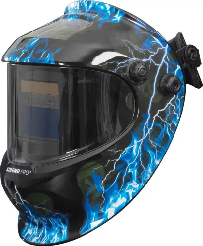 Hegesztő fejpajzs, Strend Pro Galaxy Lightning, fekete, automata sötétedésű, napelemes, állítható érzékenység és késleltetés, DIN 9-13, látómező: 92,5 x 42,5 mm, 1/30000 mp reakcióidő