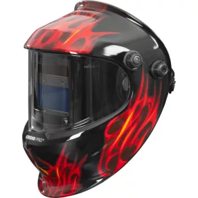   Hegesztő fejpajzs, Strend Pro Galaxy Flame, fekete, automata sötétedésű, napelemes, állítható érzékenység és késleltetés, DIN 9–13, látómező: 92,5 × 42,5 mm, 1/30000 mp reakcióidő