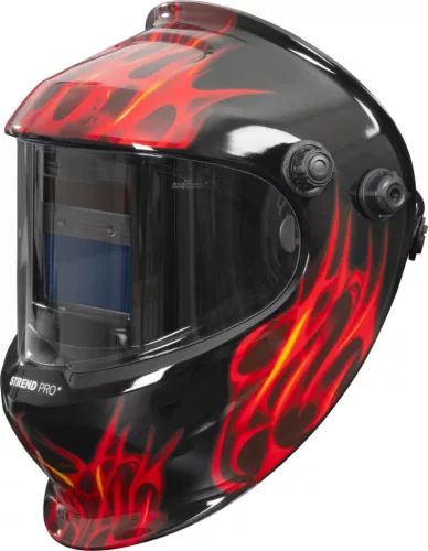 Hegesztő fejpajzs, Strend Pro Galaxy Flame, fekete, automata sötétedésű, napelemes, állítható érzékenység és késleltetés, DIN 9–13, látómező: 92,5 × 42,5 mm, 1/30000 mp reakcióidő