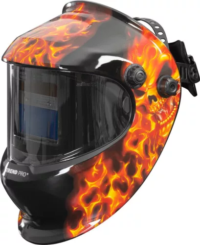 Hegesztő fejpajzs, Strend Pro Galaxy Fire Skull, fekete, automata sötétedésű, napelemes, állítható érzékenység és késleltetés, DIN 9–13, látómező: 92,5 × 42,5 mm, 1/30000 mp reakcióidő