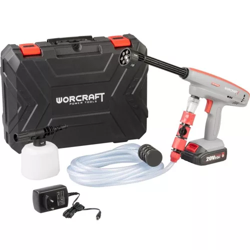 Akkumulátoros magasnyomású mosó, Worcraft CPC-S20LiEM ShareSYS, 1,5 MPa, átfolyás: 4,0 l/perc, 5 m tömlő, 380 ml habosító tartály, 20 V Li-Ion, 2,0 Ah, akkumulátorral és töltővel
