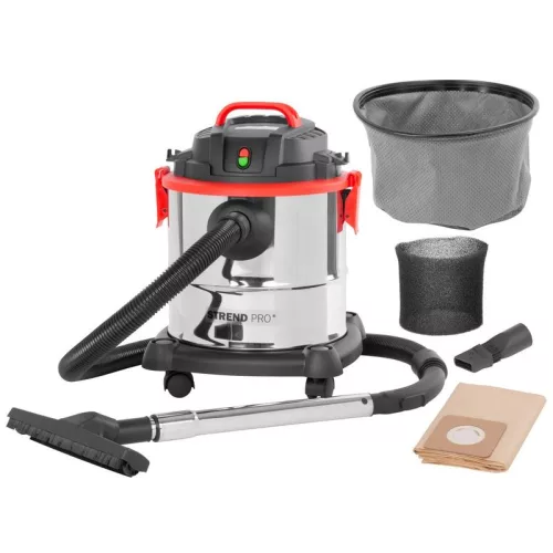 Ipari száraz-nedves porszívó, Strend Pro K-411F/1200, ezüst/fekete, 1200 W, tartály: 20 l, rozsdamentes acél tartály
