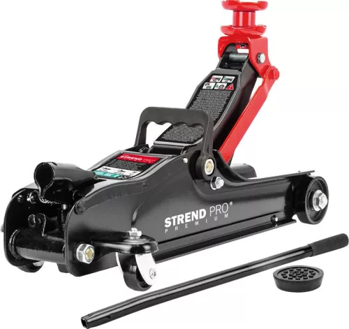 Hidraulikus emelő, Strend Pro Premium, fekete/piros, gurulós, 2500 kg teherbírás, 8,5–36,5 cm emelési magasság, alacsony profilú