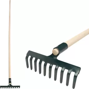   Kerti gereblye, Strend Pro Garden, fekete, 10 fogú, acél fej, fa nyél, 24,5 cm munkaszélesség, 160 cm nyél