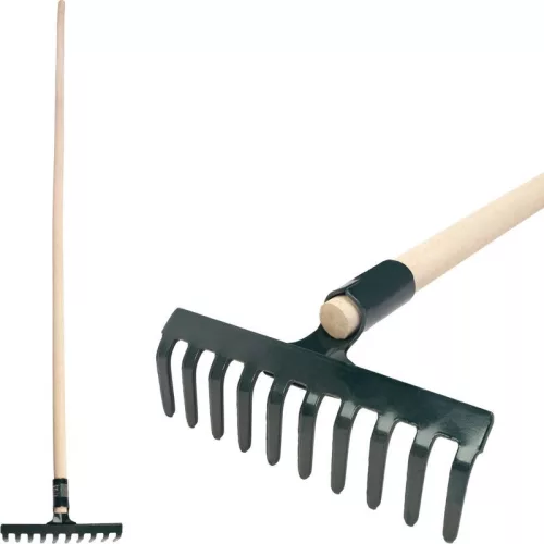 Kerti gereblye, Strend Pro Garden, fekete, 10 fogú, acél fej, fa nyél, 24,5 cm munkaszélesség, 160 cm nyél