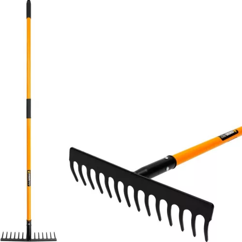 Kerti gereblye, Strend Pro Garden, fekete/sárga, 14 fogú, acél fej, üvegszálas nyél, 34,5 cm munkaszélesség, 136 cm nyél