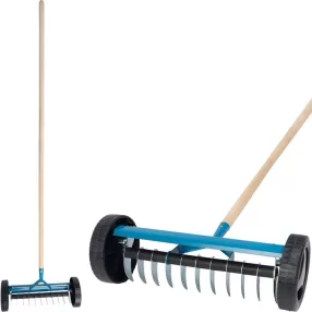   Kerti gereblye, Strend Pro Garden R152W, kék, 11 fogú, acél fej, fa nyél, gyomtalanításhoz, gyepszellőztető, kerekekkel