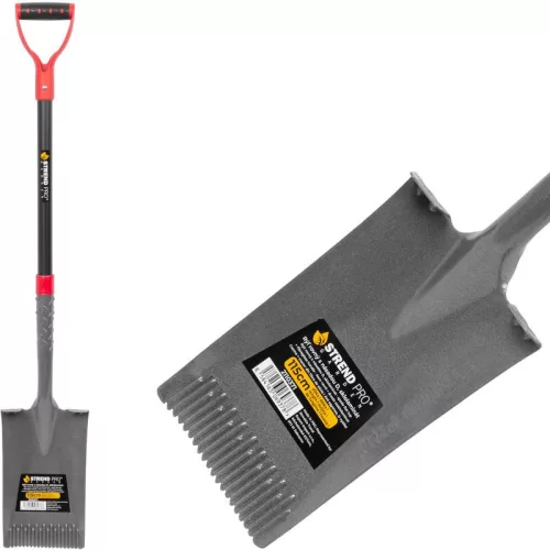 Ásó, Strend Pro Garden Premium ErgoBULL, 115 cm, egyenes fej, szürke/fekete, acél fej, üvegszálas nyél, D markolat, fogazott él, bordázott, vízelvezető kialakítás