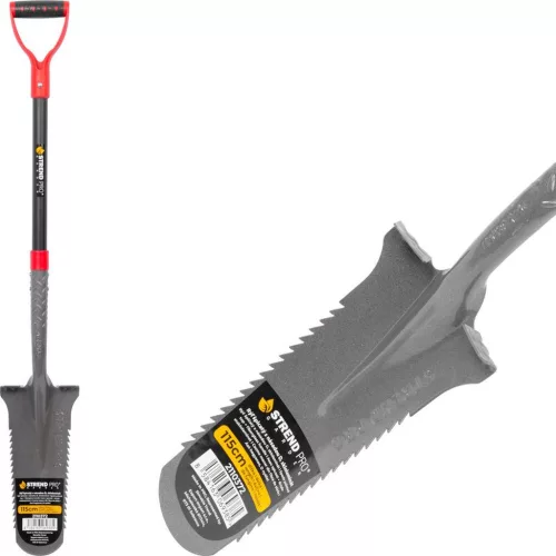 Ásó, Strend Pro Garden Prémium ErgoBULL, 115 cm, keskeny fej, szürke/fekete, acél fej, üvegszálas nyél, D markolat, fogazott él, vízelvezető kialakítás, csatornázó