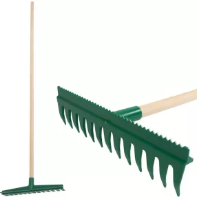   Kerti gereblye, Strend Pro Garden R140, zöld, 13 fogú, műanyag fej, fa nyél, 40 cm munkaszélesség, 155 cm nyél, kétoldalas, simító éllel
