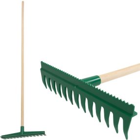   Kerti gereblye, Strend Pro Garden R140, zöld, 13 fogú, műanyag fej, fa nyél, 40 cm munkaszélesség, 155 cm nyél, kétoldalas, simító éllel